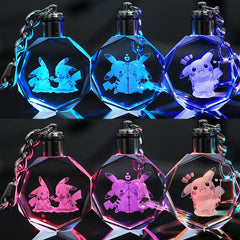 Llavero de Cristal Premium con Figuras de Anime Pokémon y Luz LED Multicolor